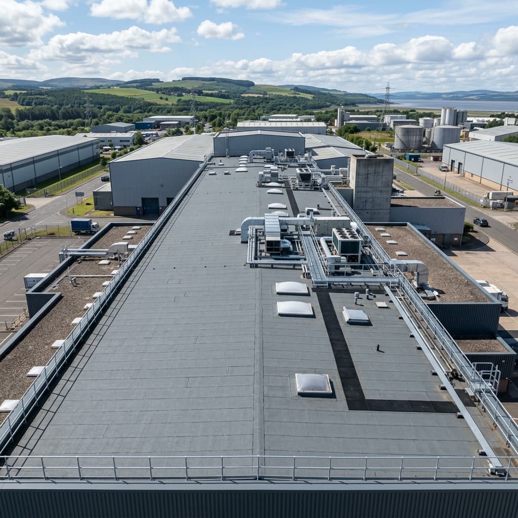Flat roofing installation on a commercial building