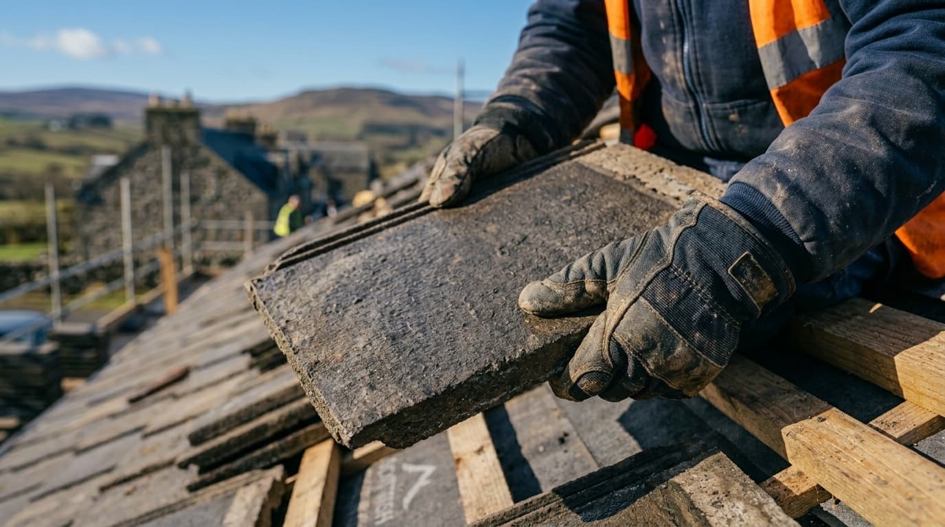 Trade account section background — roofer laying a roof tile